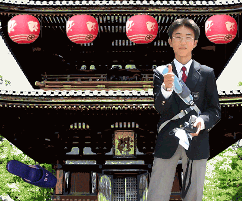 student standing in front of a temple giving a thumbs up with animated paper lanterns and walking bathroom slippers