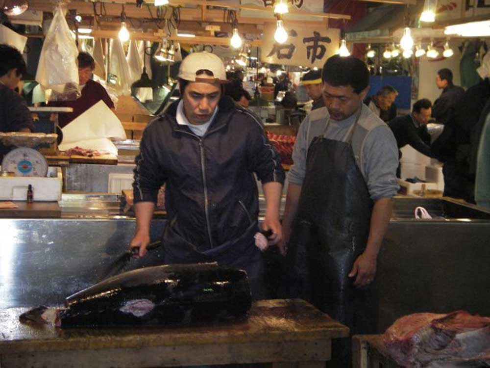 two men standing in front of a fish on a table with its head cut off